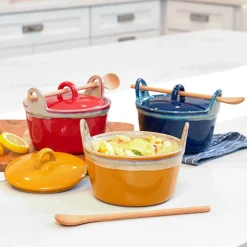 Stoneware Casserole Dish with Wooden Spoon