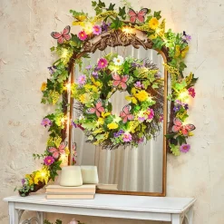 Summer Butterfly and Flower Lighted Wreath or Garland-Seasonal Decor