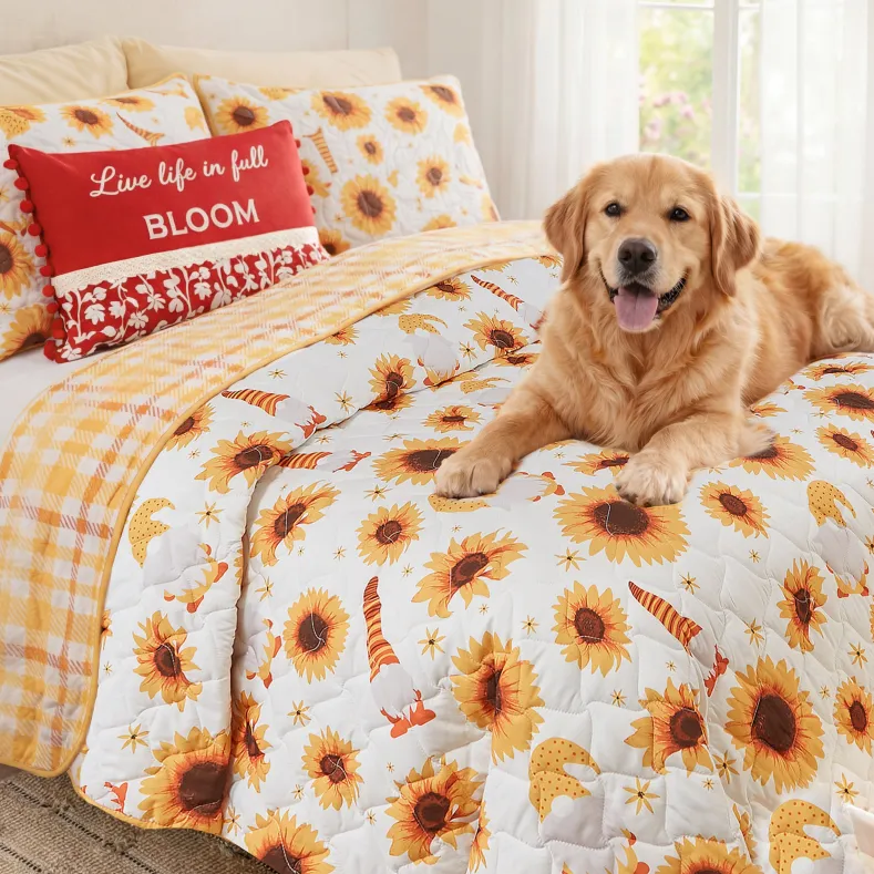 Sunflowers and Gnomes Full/Queen or King Quilt, Sham, or Accent Pillow