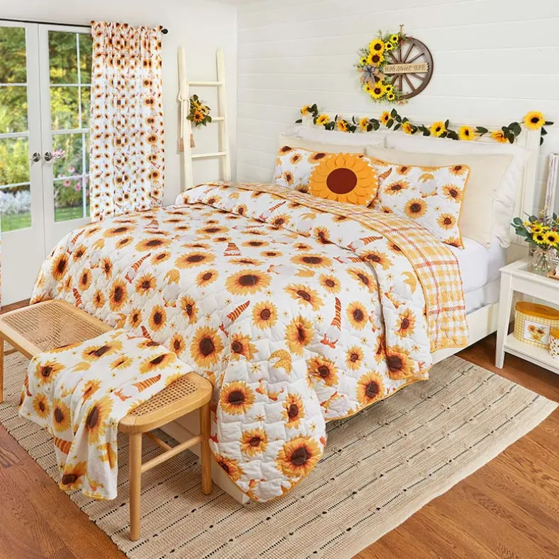 Sunflowers and Gnomes Full/Queen or King Quilt, Sham, or Accent Pillow