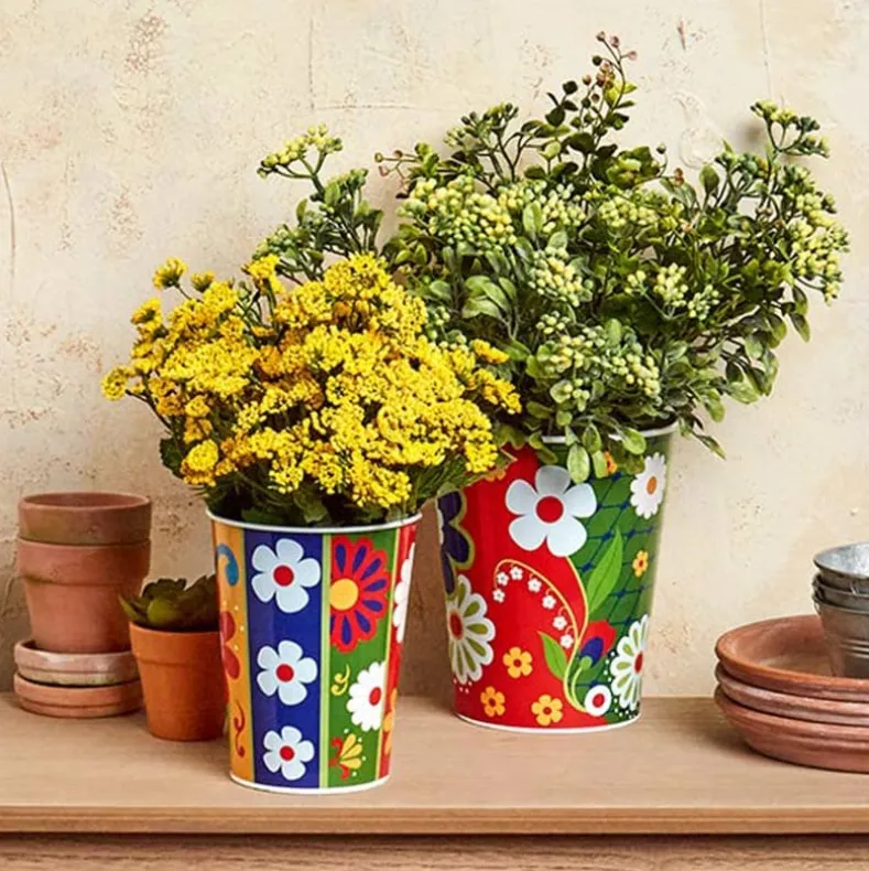 Talavera-Inspired Metal Planters - Set of 2