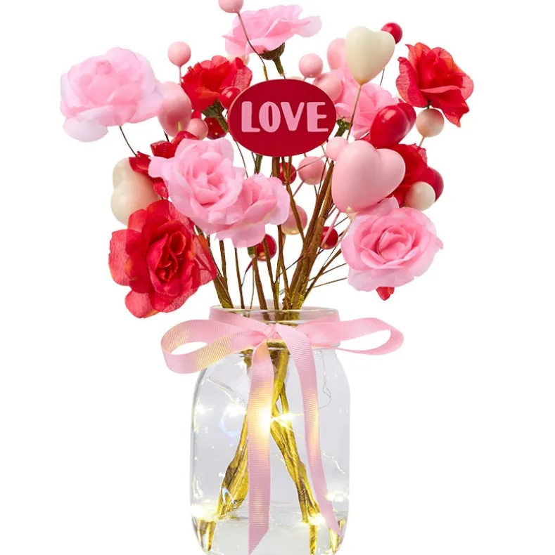 Valentine's Fairy Light Vase With Heart and Flower Bouquet