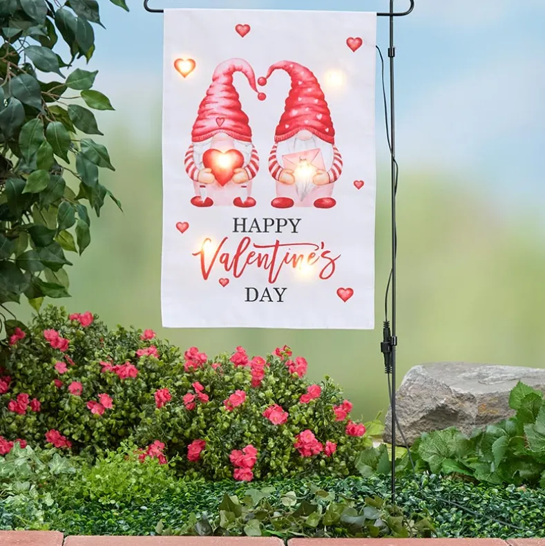 Valentine's Gnome Flag with Hearts and Pole Stake Solar LED