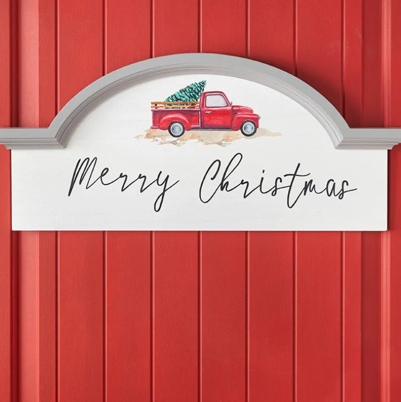 Vintage Red Truck Holiday Wooden Arched Wall Decor