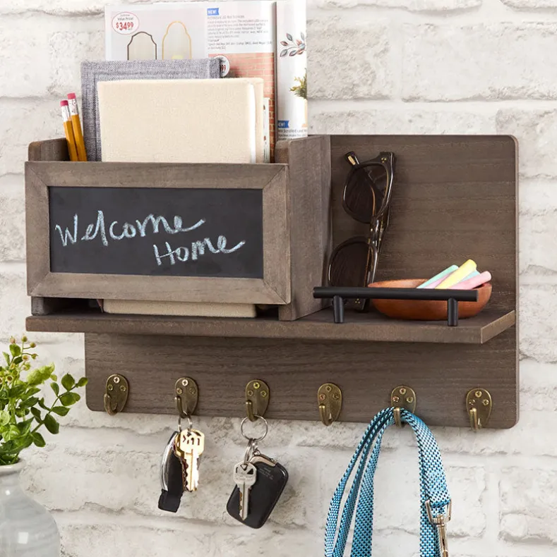 Wall Mounted Entryway Organizer Shelf with Chalkboard and Mail Bin