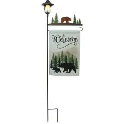 Welcome Flag Lodge Themed With Pole And Lighted Lantern Bear Or Deer