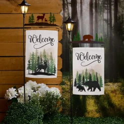 Welcome Flag Lodge Themed With Pole And Lighted Lantern Bear Or Deer