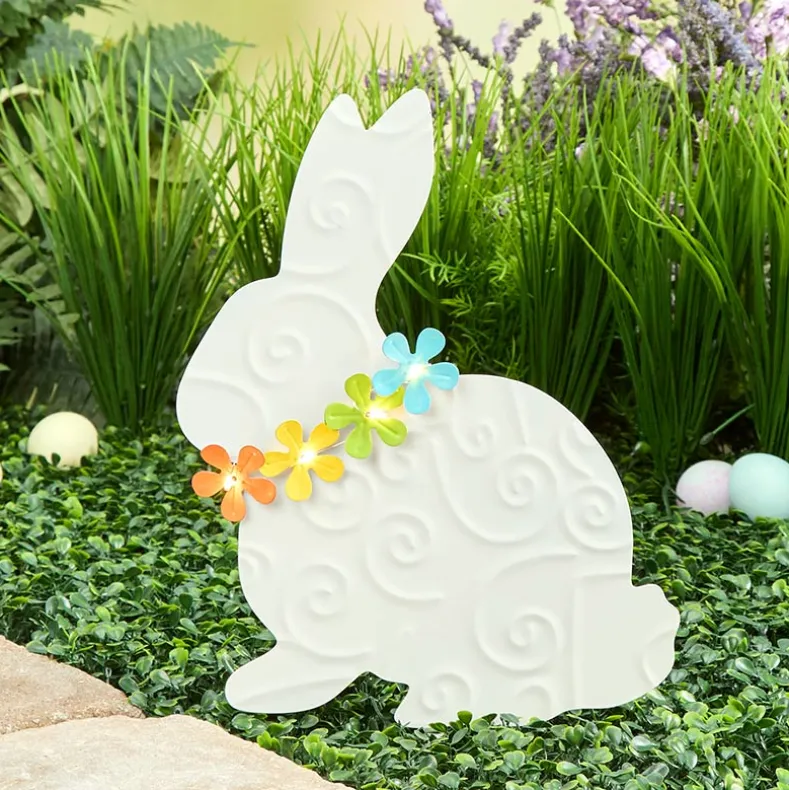 White Bunny With Solar Flowers Stake - Sitting or Standing