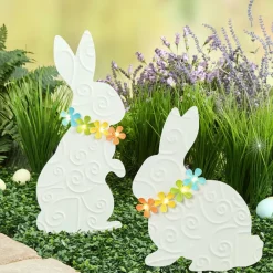 White Bunny With Solar Flowers Stake - Sitting or Standing
