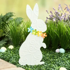 White Bunny With Solar Flowers Stake - Sitting or Standing