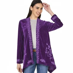 Women's Embroidered Velvet Open Front Cardigan
