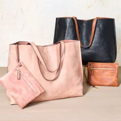 Women's Faux Leather Reversible Tote Bag with Matching Purse