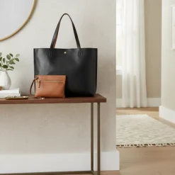 Women's Faux Leather Reversible Tote Bag with Matching Purse