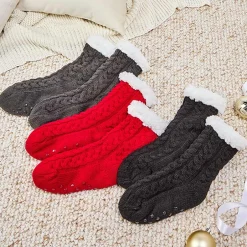 Women's Fleece-Lined Knitted Slipper Socks with Grippers