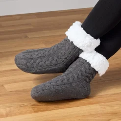 Women's Fleece-Lined Knitted Slipper Socks with Grippers