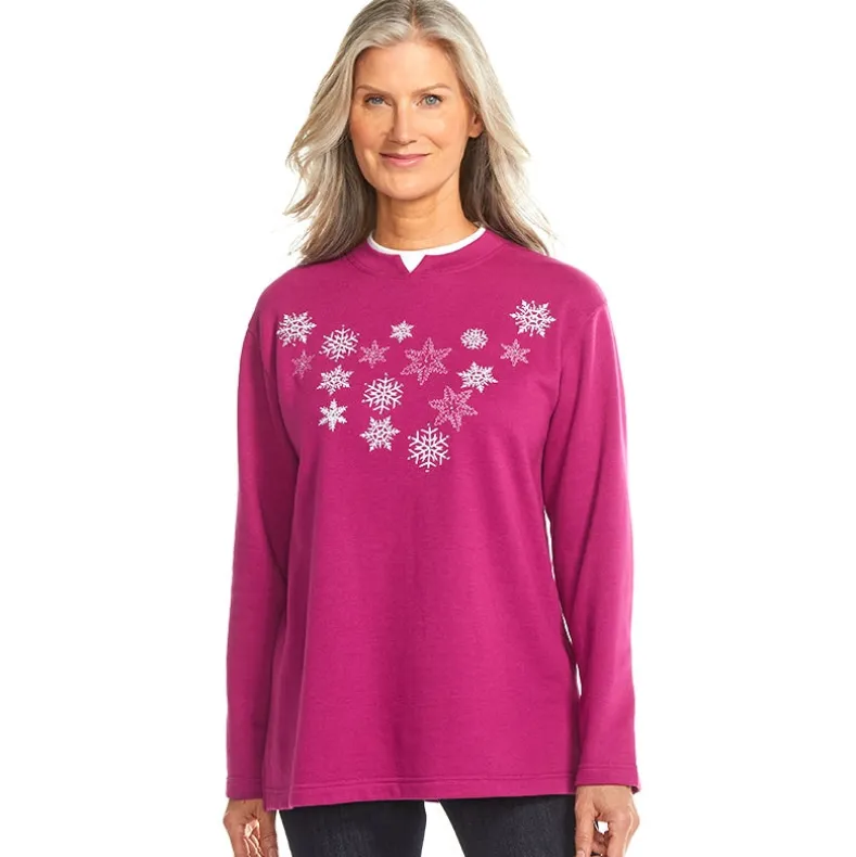 Women's Holiday Sweatshirt with Embroidered Snowflakes