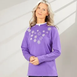 Women's Holiday Sweatshirt with Embroidered Snowflakes