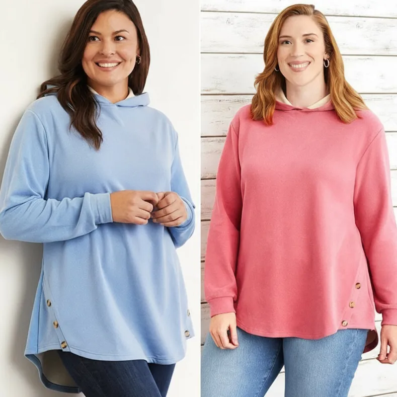 Women's Long-Sleeve Hooded Pullover with Decorative Buttons