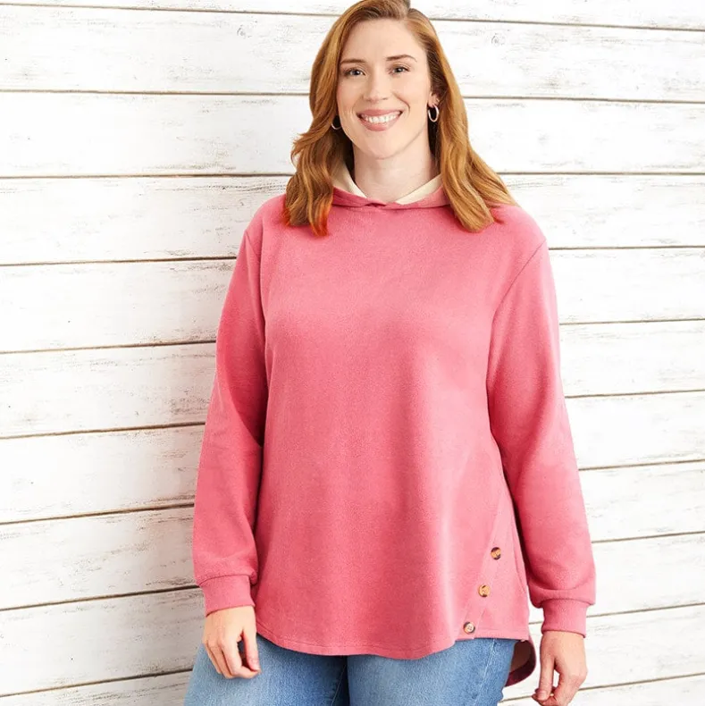 Women's Long-Sleeve Hooded Pullover with Decorative Buttons