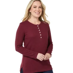 Women's Long Sleeve Thermal Henley Top with Buttons