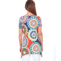 Women's Printed Short Sleeve Top with Asymmetric Hem