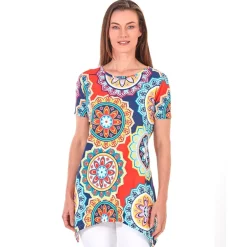 Women's Printed Short Sleeve Top with Asymmetric Hem