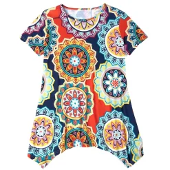 Women's Printed Short Sleeve Top with Asymmetric Hem