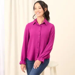 Women's Ruffle Long Sleeve Button Down Shirt
