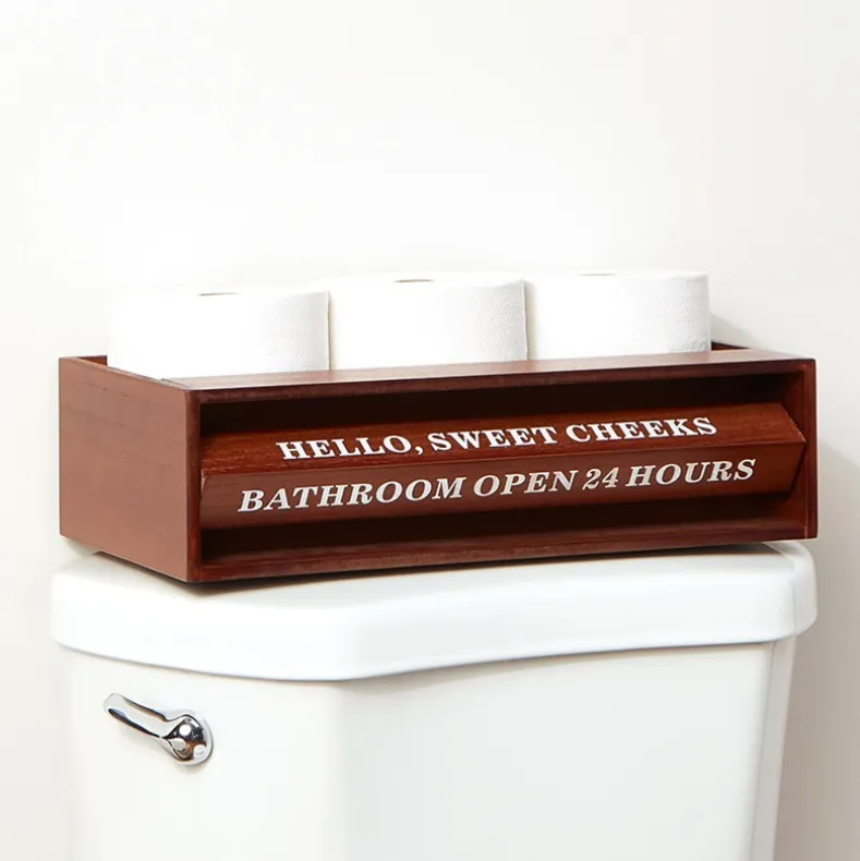 Wooden Bathroom Toilet Topper Storage Tray with Funny Rotating Phrases