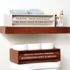 Wooden Bathroom Toilet Topper Storage Tray with Funny Rotating Phrases