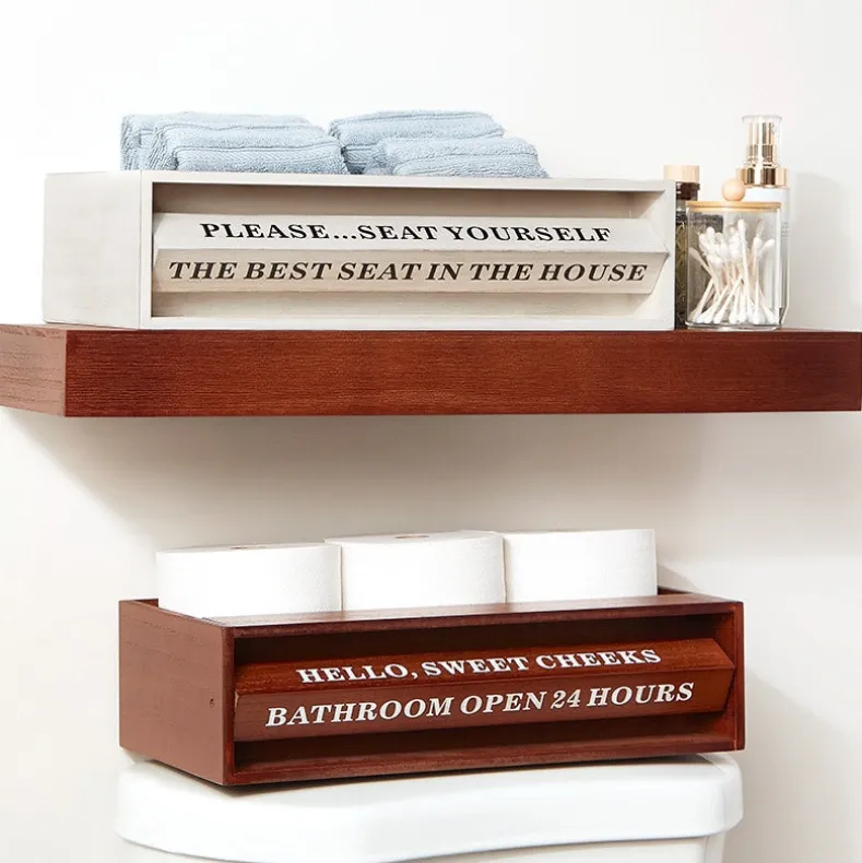 Wooden Bathroom Toilet Topper Storage Tray with Funny Rotating Phrases