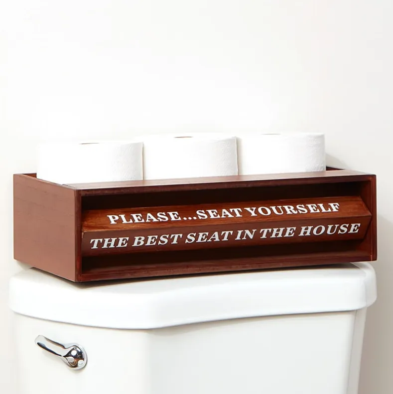 Wooden Bathroom Toilet Topper Storage Tray with Funny Rotating Phrases