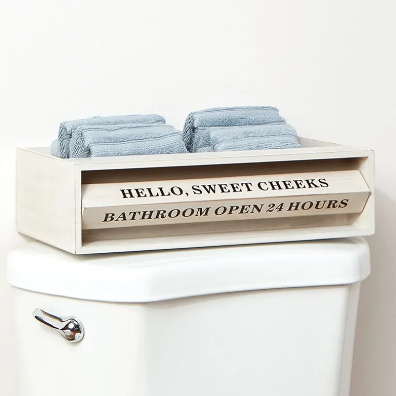 Wooden Bathroom Toilet Topper Storage Tray with Funny Rotating Phrases