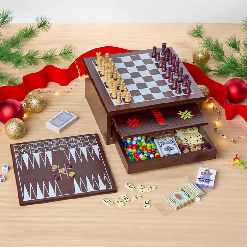 Wooden 15-in-1 Game Center - Family Fun with Chess, Checkers, and More